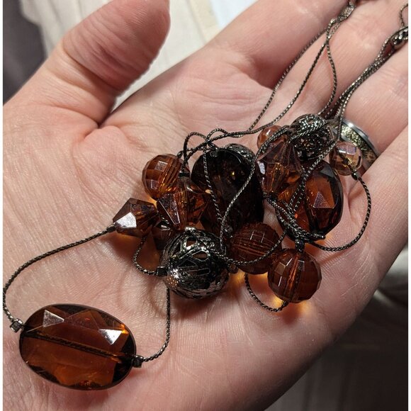 Rustic Brown Gemmed Silver Tone Accent Layered Station Necklace - Picture 3 of 5